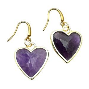 Womens Purple Amethyst Gemstone Heart Gold Plated Earrings Pierced Chandelier